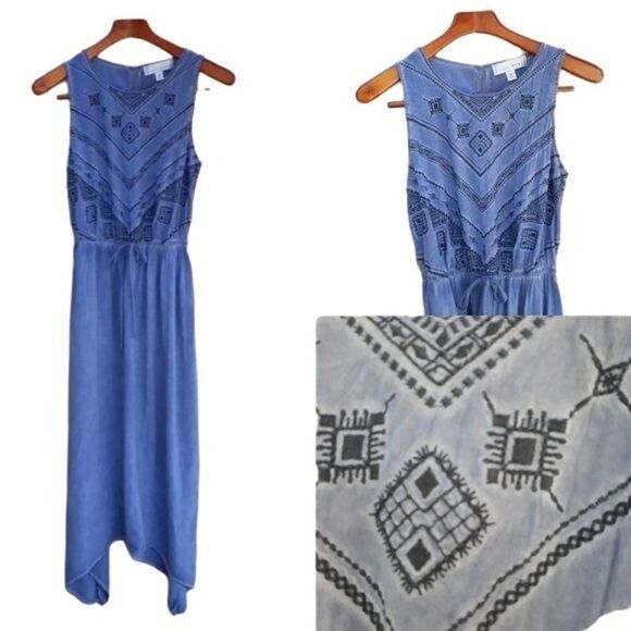 Vtg 90's Kelly Renee Dress Chambray Embroidered Sleeveless SharkBite Maxi Sz S - Picture 1 of 9